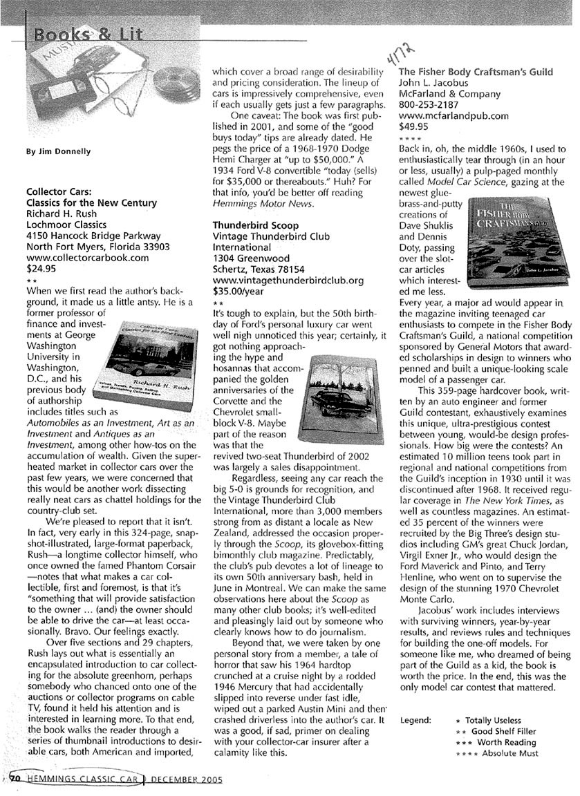 Review of 'The Fisher Body Craftsman's Guild -- An Illustrated History', by John L. Jacobus in Hemmings Classic Car, December 2005