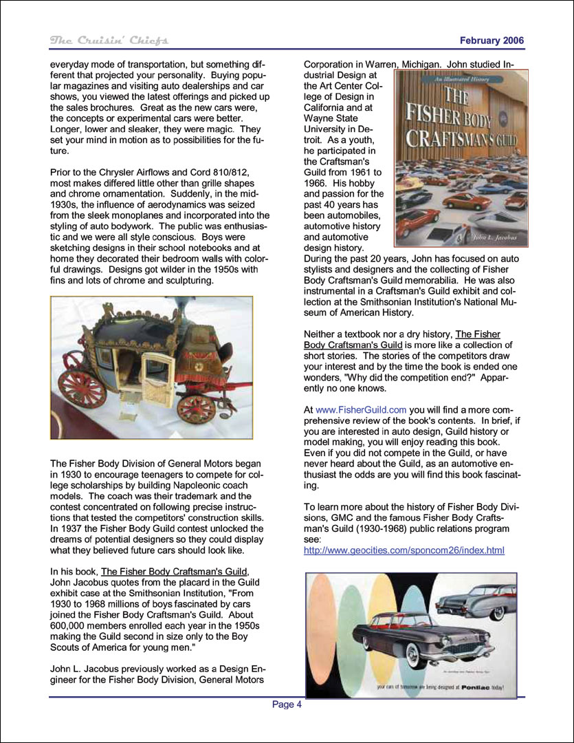 Review of 'The Fisher Body Craftsman's Guild -- An Illustrated History', by John L. Jacobus in The Cruisin Chiefs: Manitoba Ponitac Association, Newletter February 2006