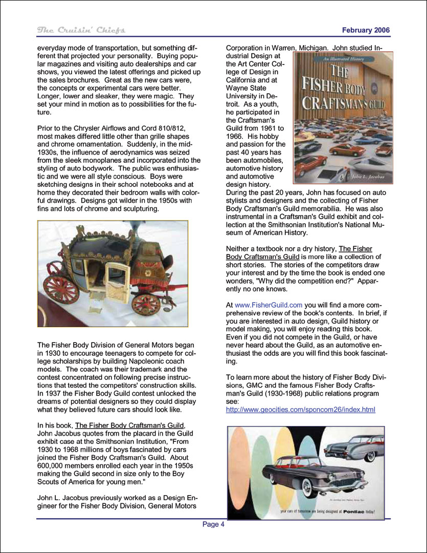 Review of 'The Fisher Body Craftsman's Guild -- An Illustrated History', by John L. Jacobus in The Cruisin Chiefs: Manitoba Ponitac Association, Newletter February 2006
